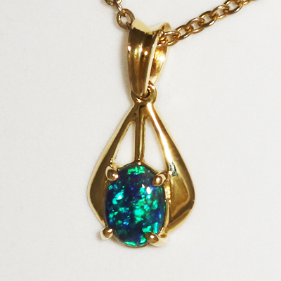 18k Yellow Gold Pendant with a SOLID BLACK OPAL Gemmy fire of greens over blue